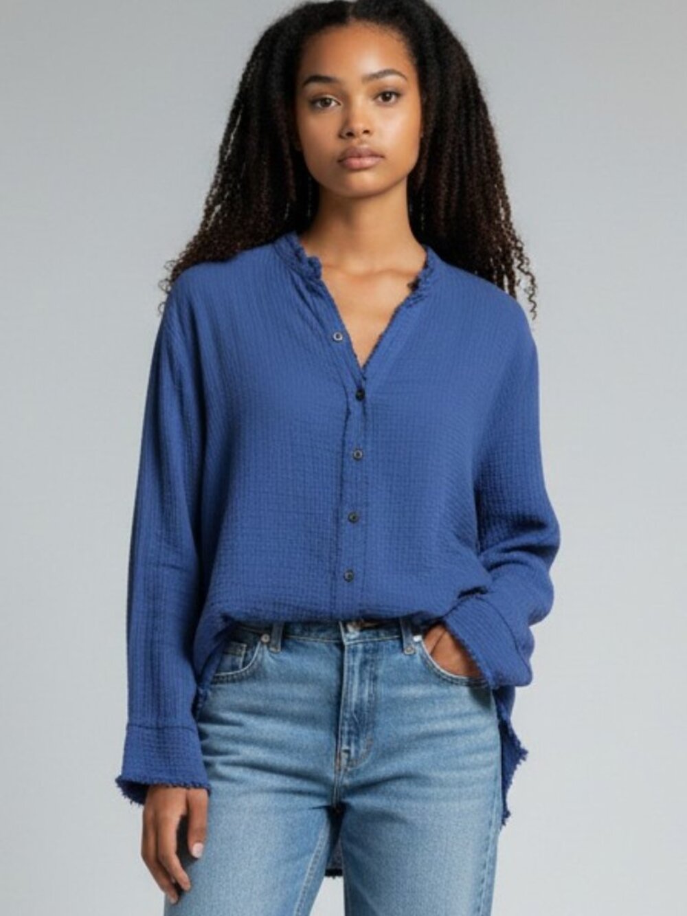 Peach Love Womens Small Blue Long Sleeve Button Up Gauzy Frayed Shirt Top Size S